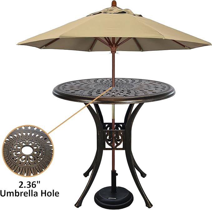 30.31" Cast Aluminum Outdoor Dining Table, Patio Bistro Table with 2.36" Umbrella Hole, Metal Conversation Furniture for Garden Porch