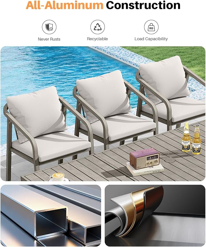 9 Pieces Never-Rust Aluminium Outdoor Dining Set, Patio Dining Table Set for 8, Patio Dining Set with Rectangle Table, Outdoor Dining Chairs with Removable Cushions for Deck, Balcony, Gray Oak