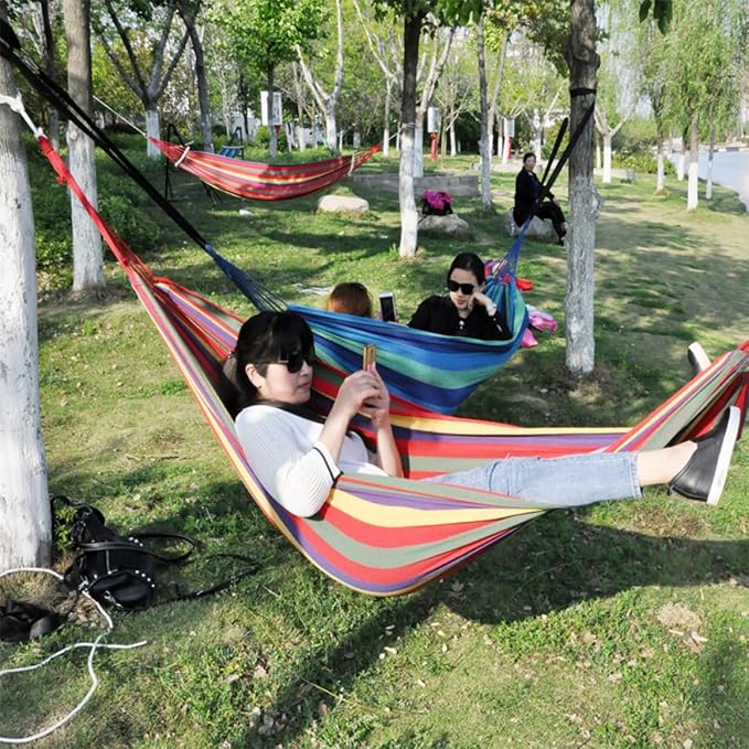 Abaodam Double Thickened Canvas Outdoor Hammock Swing for Two with Two Binding Ropes and Carry Bag, 280X150Cm Red, Camping Hanging Sleeping Bed for Patio and Backyard