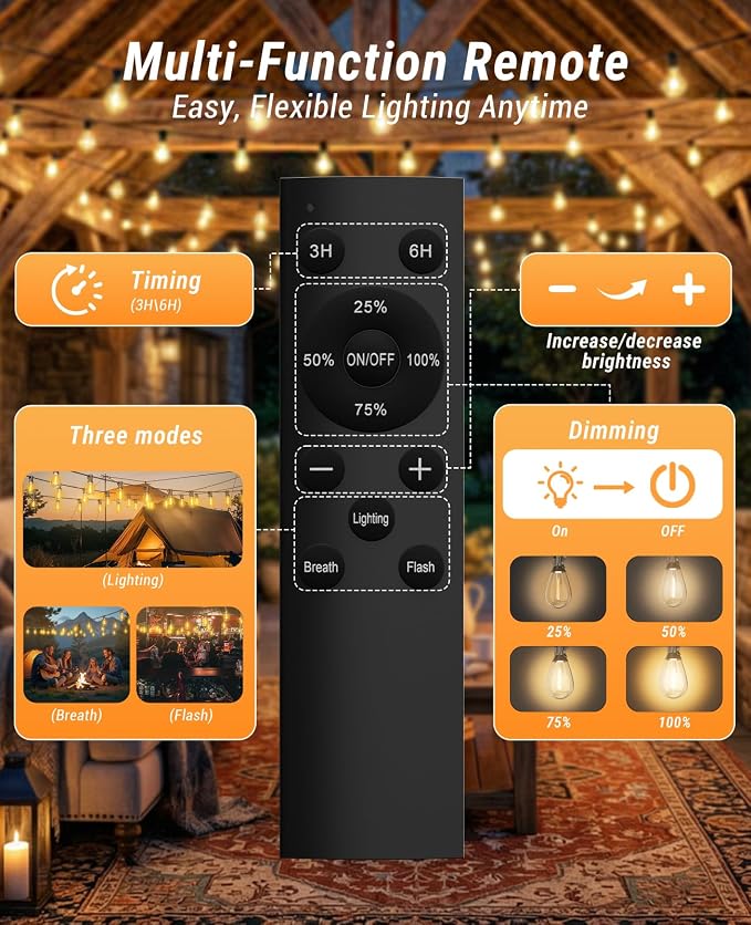 60FT Outdoor String Lights with Remote, LED Patio Lights with20+1 Waterproof S11 Bulbs, Outside Dimmable 2700K Warm White, Timer & 3 Modes,for Backyard Garden Deck Porch Balcony Gazebo Party Decor