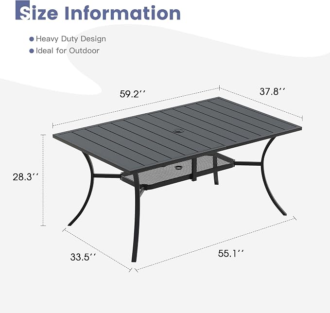 VICLLAX Metal Patio Table for 6, Outdoor Dining Table with Umbrella Hole for Garden Lawn Deck Backyard, Black