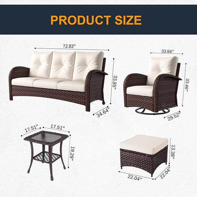 6 Pieces Outdoor Wicker Patio Swivel Rocking Chairs, All Weather Wicker Conversation Set with Side Table