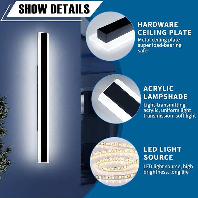 57inch Exterior Wall Light Fixture, 6000K Cold White, Modern Long Outdoor Wall Sconce, IP65 Waterproof, 50W, Black Minimalist Outside LED Strip Lights for Garage, Patio, Balcony, Fence