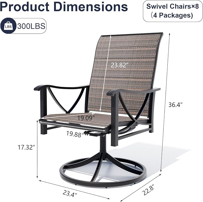 Gotland 9 Piece Outdoor Dining Set, Metal Outdoor Table and Chairs with X-Shaped Legs 1.5" Umbrella Hole, Patio Furniture Set with 8 Teslin Swivel Chairs, Patio Dining Sets for Backyard Deck Brown
