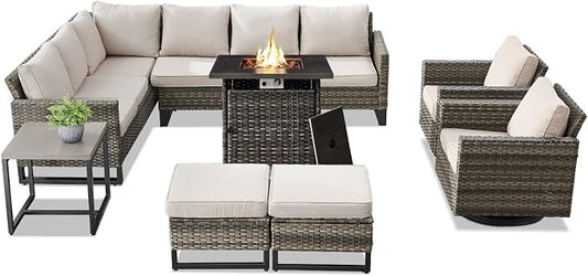 Belord Patio Sectional Furniture Set with Fire Pit Table: 8 Pieces Wicker Patio Conversation Set with L Shaped Sofa, Outdoor Swivel Glider Rocker, Rattan Ottomans, Removable Cushions Beige