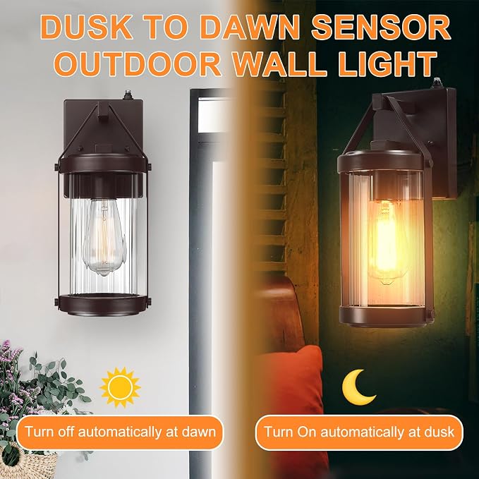 Dusk Dawn Sensor Outdoor Wall Sconce Brown Exterior Porch Lantern | Rustic Outside Garage Light Fixtures Wall Mount for House Patio Front Door