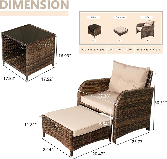 5 Pieces Outdoor Patio Chairs with Ottomans, PE Wicker Rattan Outdoor Furniture w/Footstool Sets, Front Porch Furniture Set, Wicker Patio Conversation Sets for Garden Lawn Balcony(Beige)