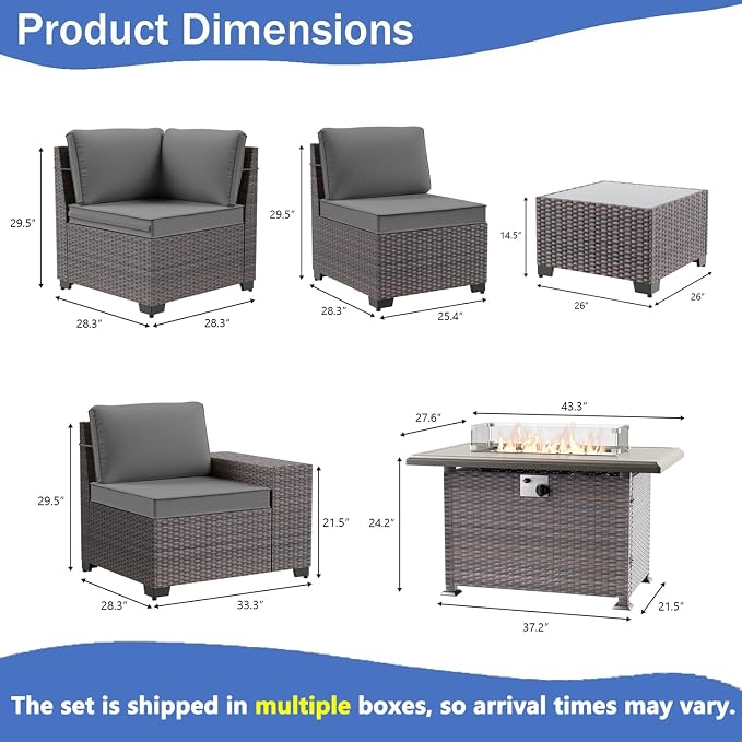 7 PCS Outdoor Patio Furniture Set,Outdoor Sectional Furniture with 43" 55000 BTU Gas Propane Fire Pit Table,All Weather PE Rattan Wicker Patio Conversation Set,Grey