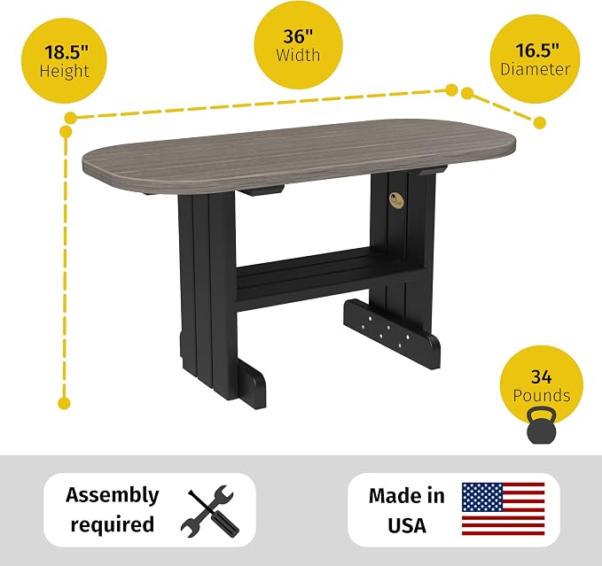 LuxCraft Poly Outdoor Coffee Table, Oval Patio Table with Shelf, Weather Resistant Low Tables for Adirondack Chairs & Outdoor Seating - Amish Made in USA (Coastal Gray & Black)