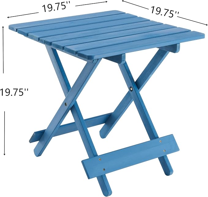 Foldable Solid Wood Side Table, Space Saving Outdoor Square Folding Patio Snack End Table, Fully Assembled Quick Fold Side Tables for Camping, Picnic, Backyard (Blue)