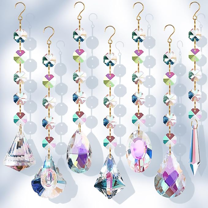 Sun Catchers for Windows Hanging, 7 Pcs Colored Crystals Suncatchers Prisms Glass Pendant Ornament for Chandelier Garden Home Room Decoration