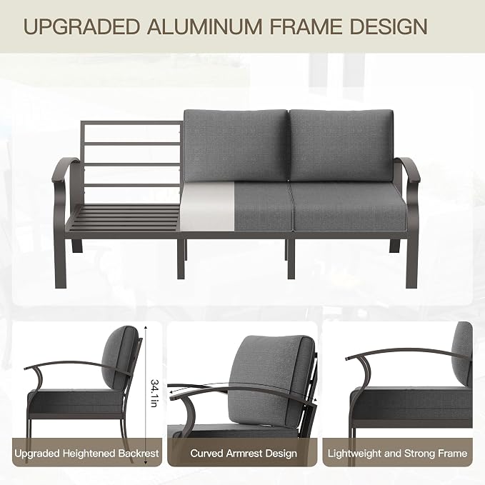 Aluminum Patio Furniture Set with 55,000 BTU Propane Fire Pit Table, 10 Seats Metal Modern Outdoor Furniture w/5.1" Cushions, Sectional w/Swivel Chairs for Backyard, Grey