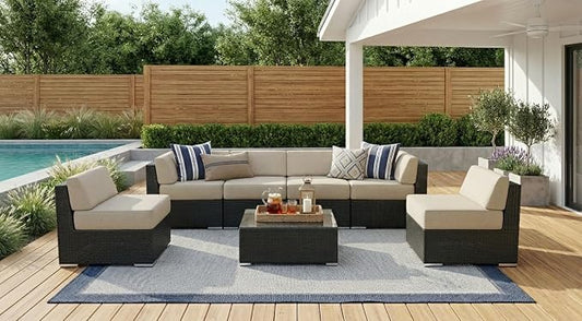 Fully Assembled 7 Piece Outdoor Patio Furniture with 6-inch Rainshield Sunbrella Beige Cushions and Oversized Seats