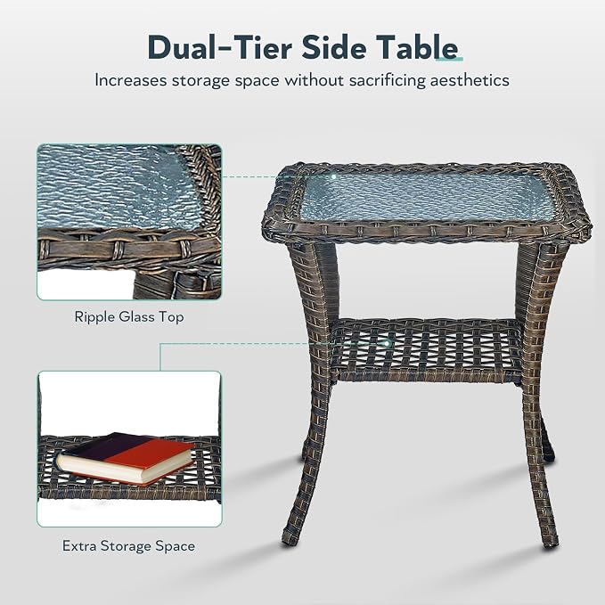 7 Piece Patio Furniture Set with Fire Pit Table - Wicker Patio Conversation Set with Swivel Glider, Glider Loveseat, Side Table and 2 Ottomans for Deck Backyard - Brown Wicker Beige Cushion