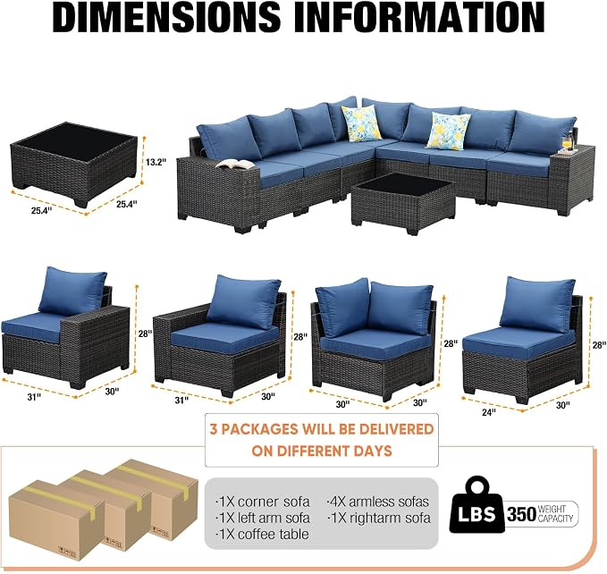 8 Pieces Patio Furniture Set, Wicker PE Rattan Outdoor Sectional with Cushion & Coffee Table, Patio Conversation Sofa for Garden, Backyard, Poolside, Navy