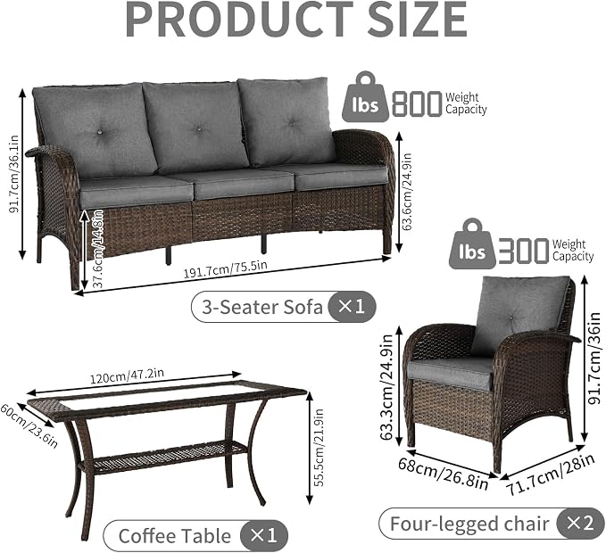 Outdoor Swivel Rocker Patio Chairs (Brown Wicker/Grey Cushion, 4PC/Sofa & Chair &Coffee Table)