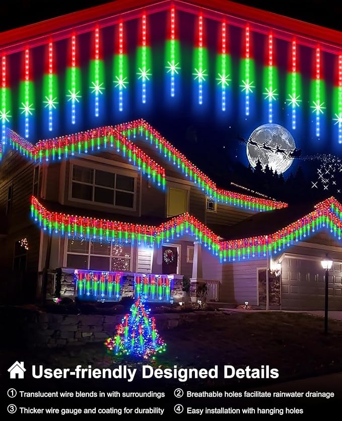 Meteor Shower Lights UL Certified 1080 LEDs 20 Tubes Falling Rain Drop Ramadan Lights Cascading Lights for Xmas Tree Halloween Decorations Wedding Party Holiday Garden Decor, Multicolor