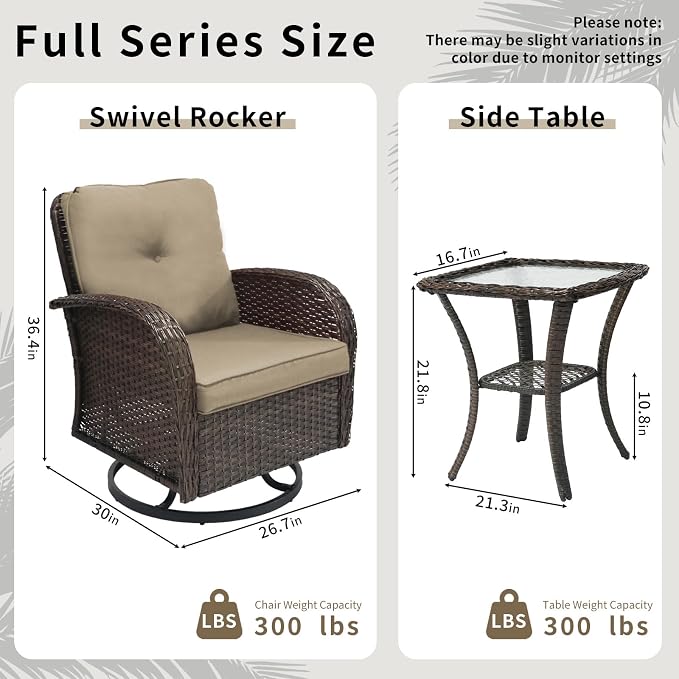 Outdoor Swivel Rocker Patio Chairs 3 Pieces，Swivel Patio Chairs with Cushions，Outdoor Swivel Rocking Chairs Set of 2 with Rattan Side Table，Patio Furniture Set for Outside Porch Deck
