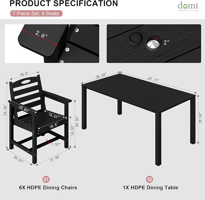 Domi HDPE Outdoor Dining Set, All-Weather 7 Piece Outdoor Dining Table Set with 2" Umbrella Hole, Outdoor Patio Dining Set for Garden, Poolside, Backyard, Deck, Black