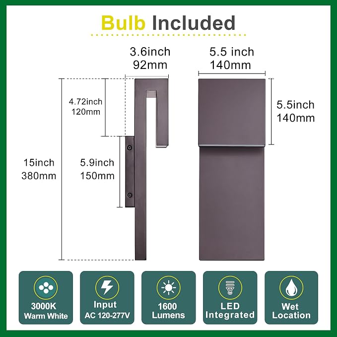 Tarentlight Modern Outdoor Indoor Integrated LED Wall Sconce, 2-Light Total 17W,Bronze Finish,1600 Lumens,3000 Kelvin,90 CRI, Dimmable,Input 120-277V,Weatherproof for Global Front Porch Decor Use.