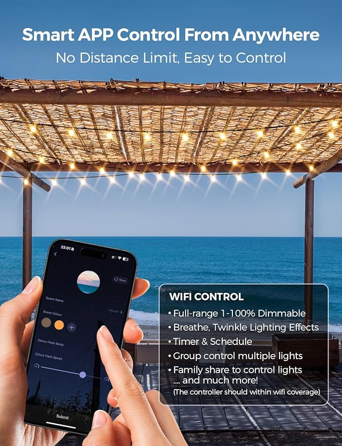 XMCOSY+ Outdoor String Lights, Smart Patio Lights 100Ft Dimmable Outdoor Lights Warm White, 50 G40 LED Bulbs, WiFi String Lights for Outside, Work with Alexa, APP Control, Waterproof Extendable | Warm white dimmable globe bulbs, WiFi & APP control, wor...