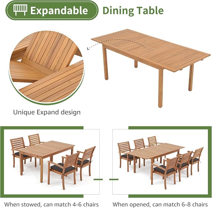 OC Orange-Casual 5 Piece Patio Dining Set, Outdoor Acacia Wood Furniture Set, Extendable Rectangular Solid Table and 4 Stackable Chairs for Lawn Backyard and Deck, Dark Grey Cushion