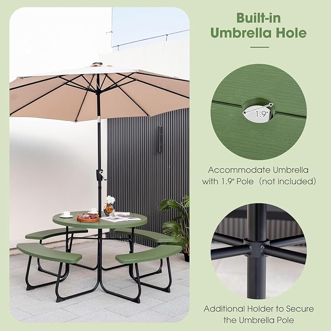 Round Picnic Table for Outdoors, 8 Person Outdoor Picnic Tables & Benches Set with Umbrella Hole, HDPE Tabletop & Metal Frame, 2000 LBS Capacity Table Bench Set for BBQ, Garden, Lawn, Patio