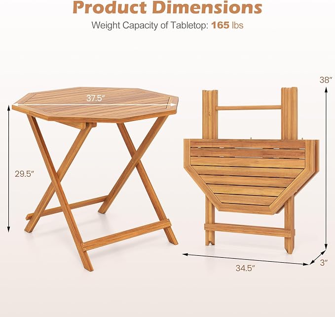 Tangkula 37.5” Folding Patio Table for 4, Acacia Wood Octagonal Outdoor Dining Table with Slatted Tabletop, Indoor Outdoor Portable Bistro Table for Poolside, Garden, Porch & Deck