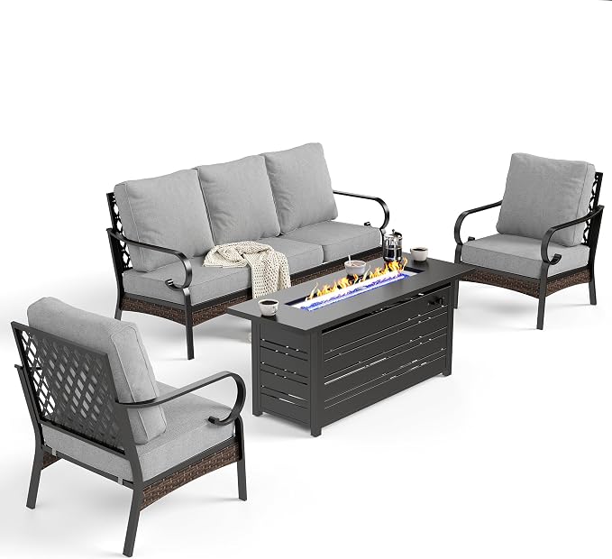 SUNSHINE VALLEY 4 Piece Black Metal Outdoor Patio Furniture Sets with Firepit Table, Patio Conversation Sets 1 3-Seater Sofa, 2 Single Sofa with 5.75" Cushion Backyard Furniture for Deck, Light Gray