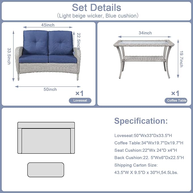Belord Outdoor Wicker Loveseat with Coffee Table, Patio Loveseat Sofa 2 Piece Outdoor Wicker Furniture Set for Patio Porch Deck Balcony Light Beige/Blue