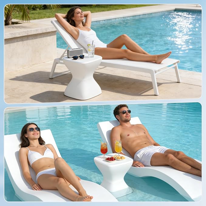 Multi-Scene Outdoor Side Table - 18" Polyethylene Pool Side Table, Pre-Weighted & Adjustable Feet for Stability in Pool, on Patio or Deck -All-Weather Pool Furniture, White