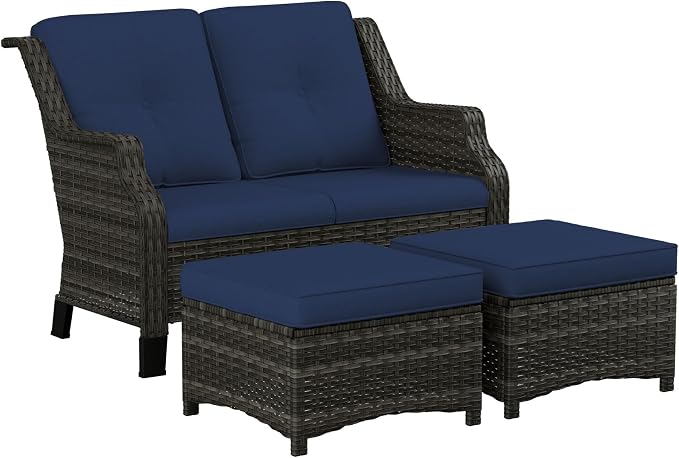 3 Pieces Patio Furniture Set, Outdoor Furniture Set with 1 Wicker Loveseat, 2 PE Rattan Ottoman, Thick Cushions, Ideal for Backyard, Garden, Poolside, Blue