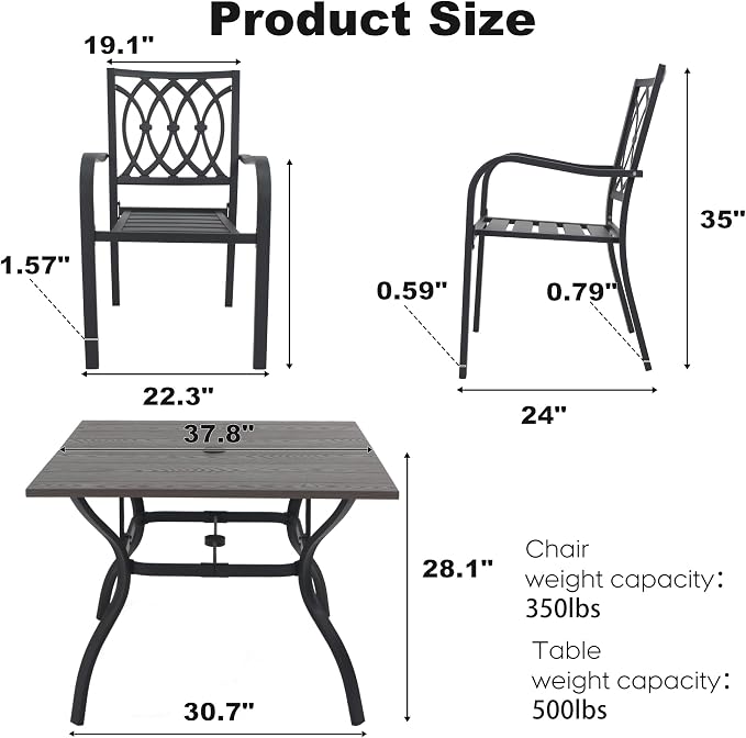 5-Piece Outdoor Patio Dining Set 37.8" Square Wood-Grain Metal Table with Umbrella Hole 4 Metal Chairs 350 lbs Capacity Ergonomic Slat Design Quick Assembly for Garden Black