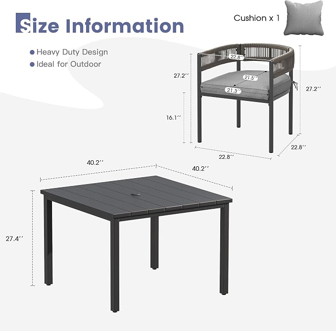 VICLLAX Patio Dining Set, 40.2" Black Table & 4 Chairs with Grey Cushion | Outdoor Table and Chairs Set of Square Metal Patio Table, Outdoor Dining Chairs with Metal Frame, Garden Deck Porch