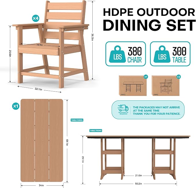 5-Piece Dining Set, HDPE Table & 4 Chairs,Cedar | HDPE Dining Set: 69.1" Table + 4 Chairs, 380 lbs, 304 Stainless, All-Weather, No Rust No Crack, Outdoor Patio Garden