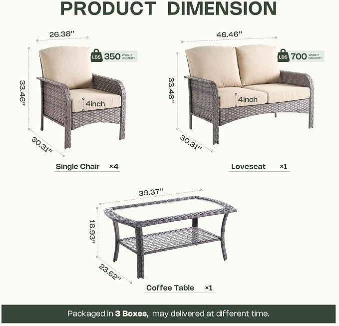 6-Piece Patio Furniture Set, Outdoor Wicker Furniture with Coffee Table, All Weather High Back Loveseat Patio Chairs, Modern Rattan Outdoor Chairs Conversation Set for Porch, Balcony, Garden,Beige