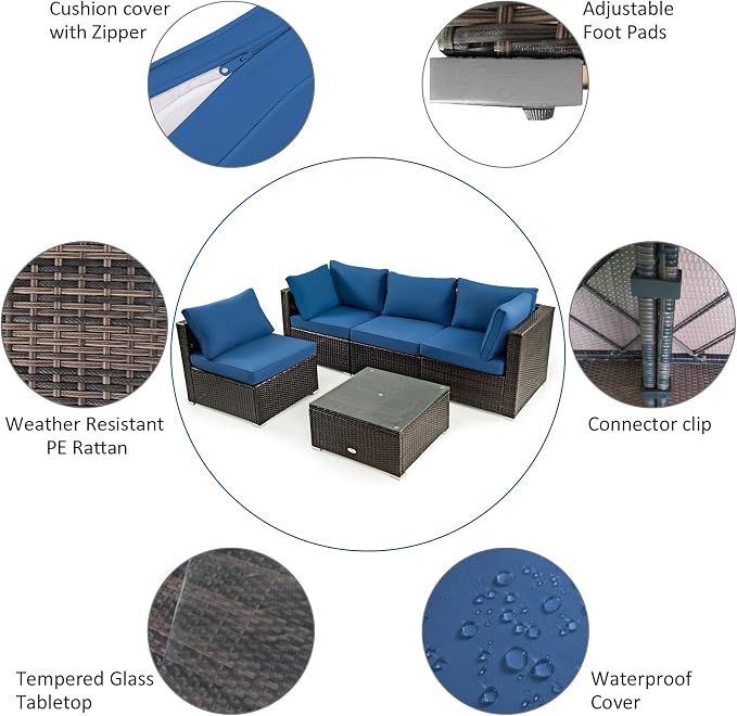 Tangkula 5 Pieces Patio Furniture Set, All Weather Wicker L-Shaped Corner Sofa Set w/Soft Cushions, Outdoor Sectional Conversation Couch Set w/Glass Table for Backyard Garden Poolside (Navy Blue)