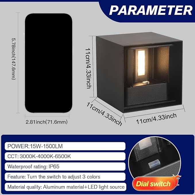 15W 3CCT Adjustable Up and Down LED Wall Sconce 4 Pack | Black IP65 waterproof ETL certified 1300LM Exterior/Interior Lighting Fixtures for porches & patios