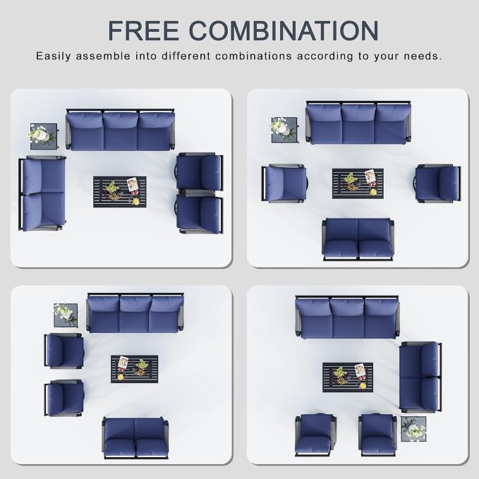 6 Pieces Modern Patio Furniture Set, All Weather Metal Outdoor Conversation Sets with 5.1" Extra Thick Cushion for Backyard Garden Deck Porch Poolside, Blue