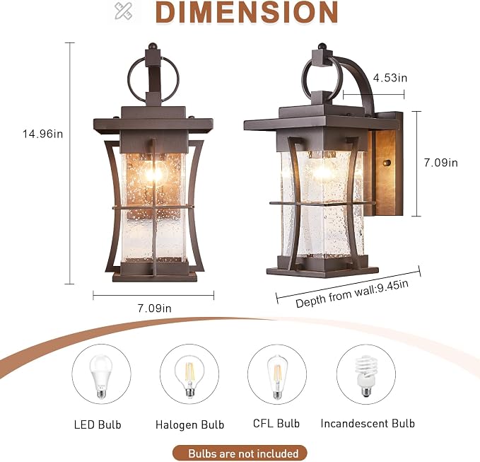 Oil Rubbed Bronze Outdoor Light Sconces Wall Mount Matte Brown Outdoor Wall Lamp Large Exterior Porch Wall Lantern with Seeded Glass 15" Outside Lights for House, Front Door, Patio, Backyard