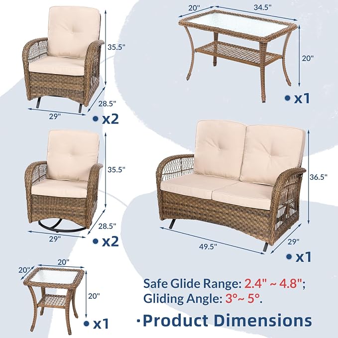 7-Piece Wicker Patio Furniture Sets Outdoor All-Weather Rattan Conversation Set Includes Glider Loveseat, 2 Glass-Top Coffee Tables, 2 Swivel-Gliders Chairs for Porch Backyard, Light Brown