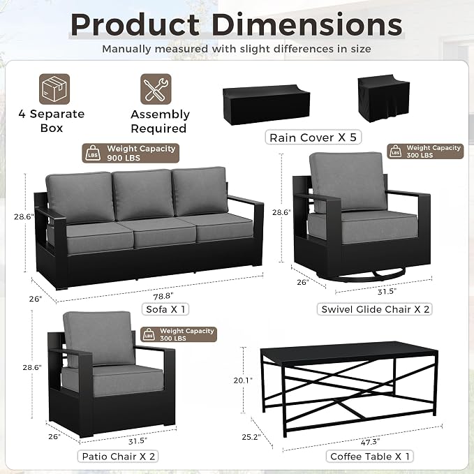 Outdoor Patio Furniture Set, 6-Piece Aluminum Patio Conversation Set All-Weather Metal Outdoor Sectional with 6 Inch Thick Cushions, Deep Setting for Garden, Outside and Porch, Grey