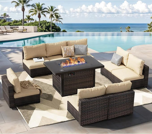 Patio Furniture Set Fire Pit Table 9 Piece All Weather PE Rattan Outdoor Sectional Sofa Couch with 8 x armless Sofa, No-Slip Cushions for Garden, Poolside, Backyard (Beige)