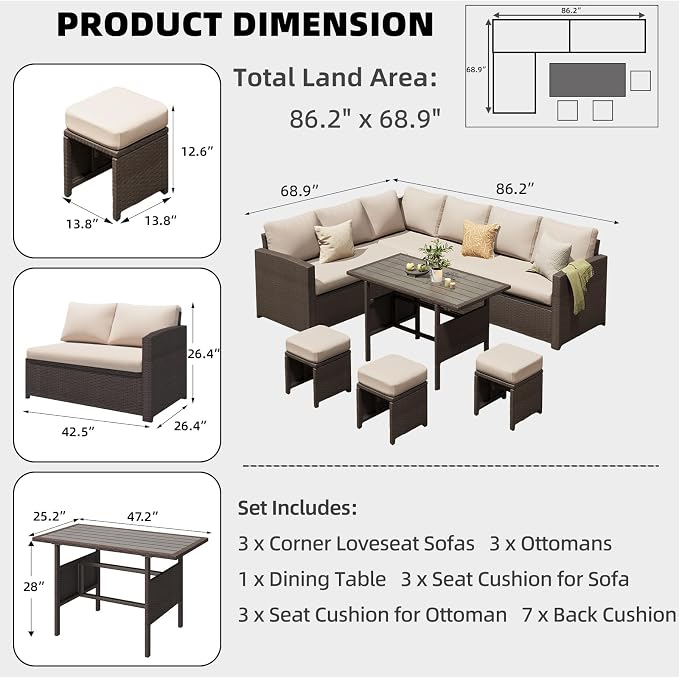 AECOJOY Outdoor Patio Furniture Set with Waterproof Cover, 7 Pieces Clearance Sectional Rattan Dining Table&Chairs, All Weather Wicker Conversation Sofa Couch, Khaki Cushions&Brown Rattan