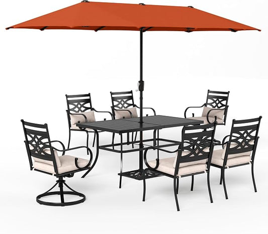 Sophia & William Patio Dining Set, 13ft Umbrella, Swivel Chairs, Black | Seats 6, Cushions