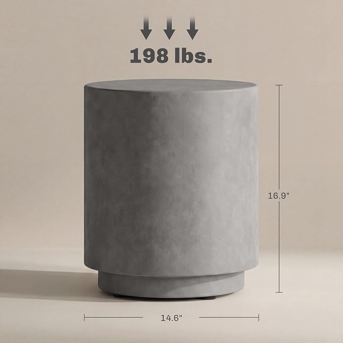 HOMCOM Outdoor Side Table, Round Small End Table with Concrete Finish for Indoor, Patio, Backyard, Pool, Porch, Garden, Lawn, Light Gray