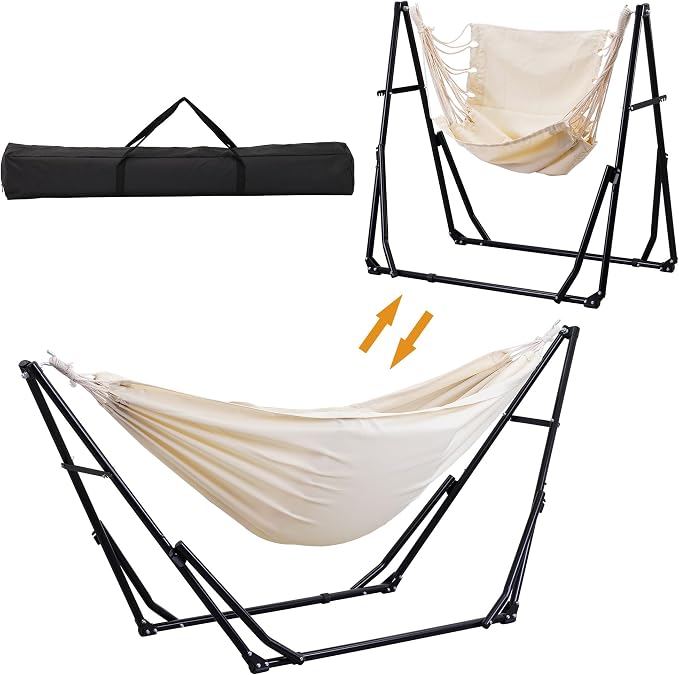 Ainfox Hammock with Foldable Stand, 2 in 1 Hammock and Swinging Chair with Carrying Bag, Portable Camping Chair Suitable for Outside, Swing,Patio,Garden,Camping Trip Beige