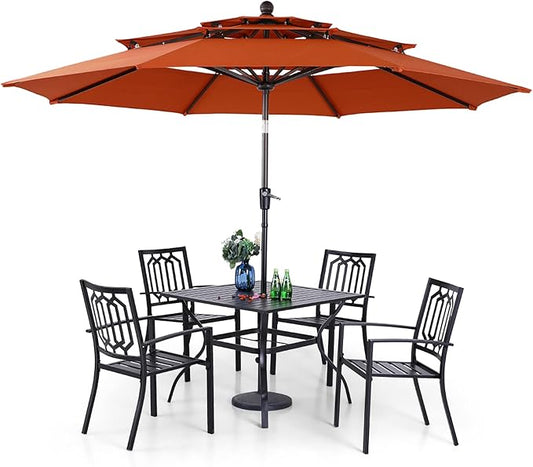 PHI VILLA 5 Pcs Patio Dining Set with Umbrella(Orange Red) | 1 Square Metal Table& 4 Metal Outdoor Stackable Chairs and 1 10ft 3 Tier Auto-tilt Umbrella for Patio, Deck, Yard, Porch