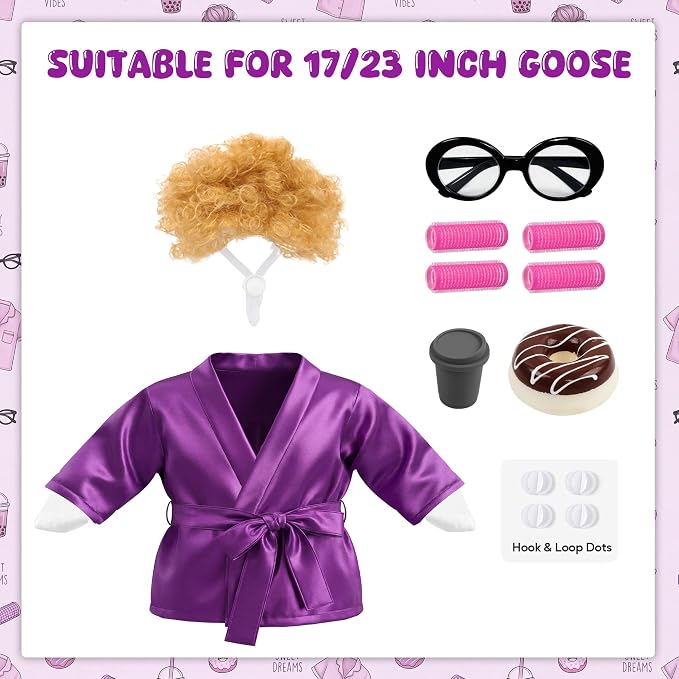 Porch Goose Robe Outfit Set for 23 Inch Goose Statue, Purple Silk Bathrobe with Wig Curlers Coffee Cup Donut Glasses, Elegant Funny Goose Clothes Decor (Purple Silk)
