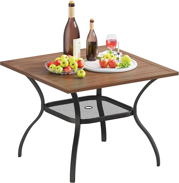 VICLLAX Outdoor Patio Dining Table for 4, Square Patio Table with Umbrella Hole for Patio Lawn Deck Backyard, Walnut Tabletop